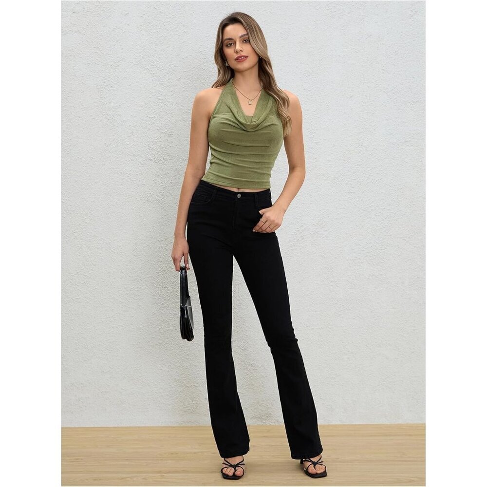 Women Ruched Halter Crop Top Backless Sleeveless Cowl Neck Medium - Picture 4 of 6